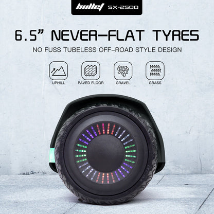 BULLET SX-2500 Hoverboard Scooter, 500W Brushless, UL Certified, AU Compliant, 6.5-inch Off-Road Style Tyres, Superior Self Balancing System, LED Lights, Black