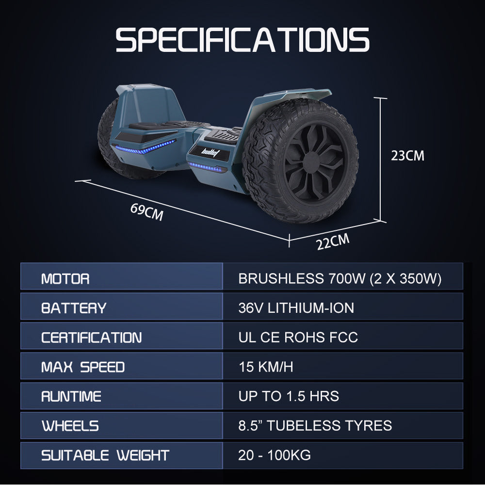 Bullet SX-4500 Hoverboard Scooter, 8.5" Wheels, 700W Brushless, Superior Self Balancing System, UL Certified, LED Lights, Carry Bag, Navy Blue