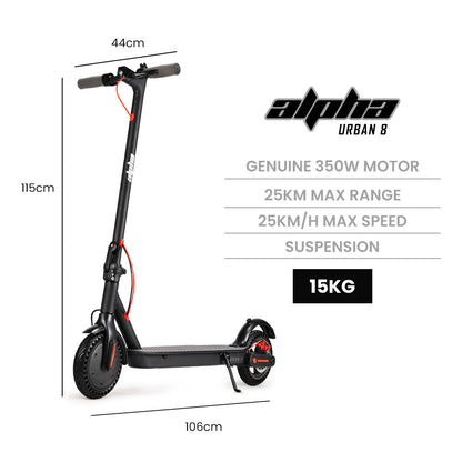 ALPHA Urban 8 Electric Scooter, Suspension, 25km Range, 8.5-Inch Wheels, Brushless Motor, Motorised Commuter eScooter for Adults, Black

The ALPHA Urban 8 Electric Scooter is a reliable and efficient choice for daily commuters. With its suspension, 25km range, and 8.5-inch wheels, it offers a smooth and comfortable ride. The brushless motor ensures long-lasting performance, making it the perfect electric scooter for adults. Available in black.