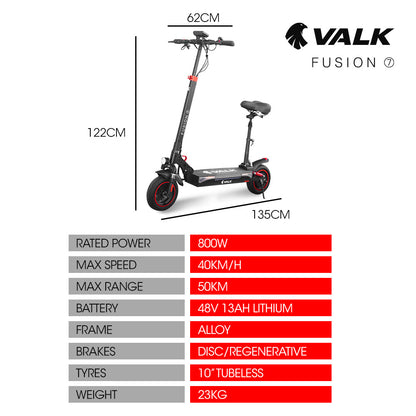 VALK Fusion 7 Electric Scooter 800W 48V 13Ah Lithium 50km Range 40km/h