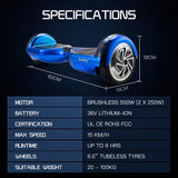BULLET Gen III Hoverboard Scooter 6.5" Wheels, Colour LED Lighting, Carry Bag, Metallic Blue