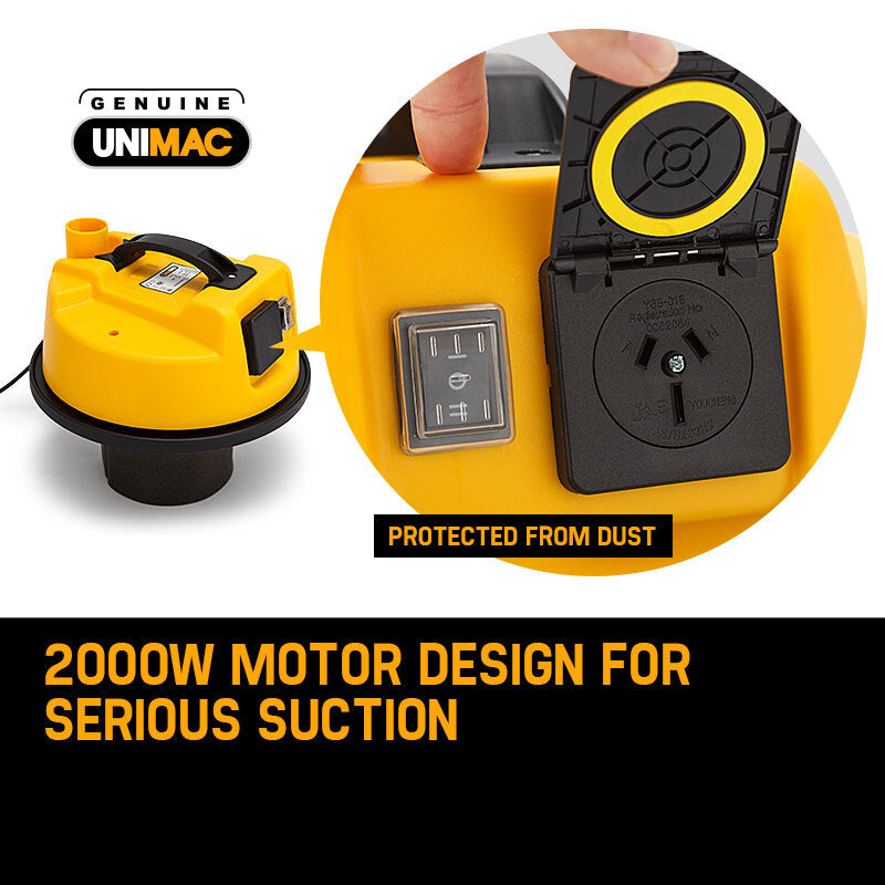 Yellow and black UNIMAC vacuum cleaner with open attachment and 'Protected from dust' text.