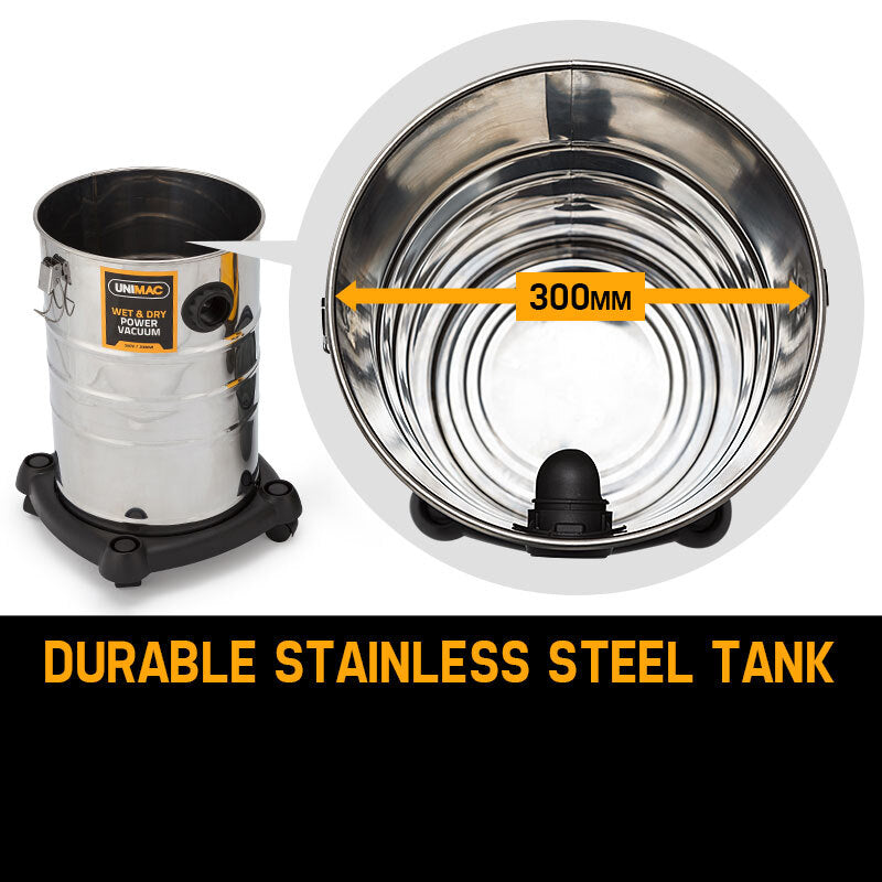 Stainless steel tank with a measurement label and brand logo on a white background