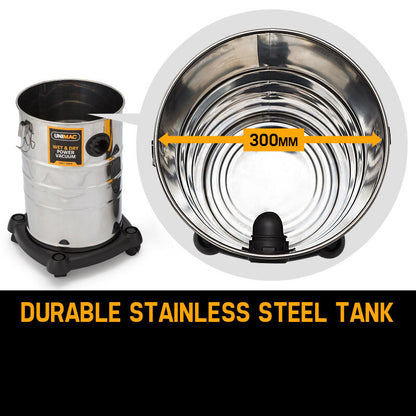 Stainless steel tank with a measurement label and brand logo on a white background