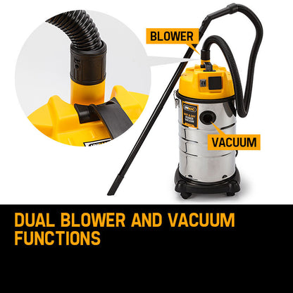 Dual blower and vacuum cleaner with labeled parts on a white background