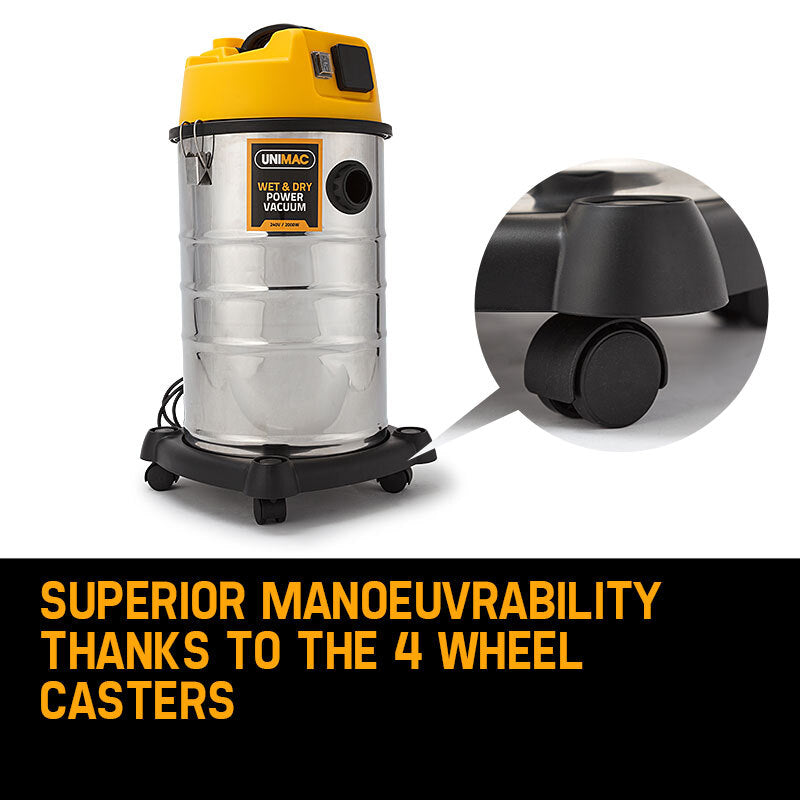 UNIMAC wet and dry vacuum cleaner with close-up of wheel and text about maneuverability.