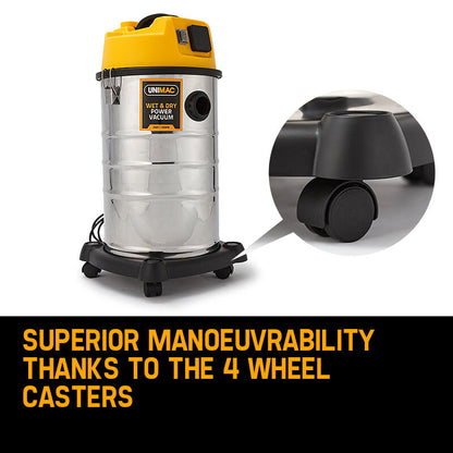UNIMAC wet and dry vacuum cleaner with close-up of wheel and text about maneuverability.