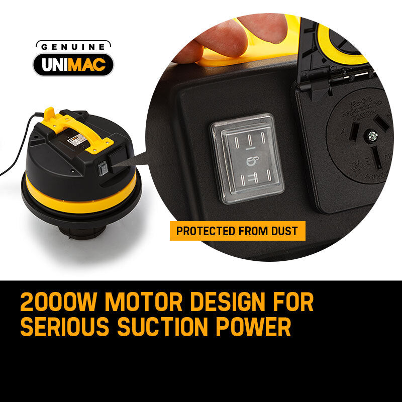 UNIMAC vacuum cleaner head with 2000W motor design and dust protection feature.