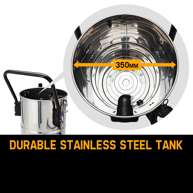 Stainless steel tank with a handle and measurement label on a white background