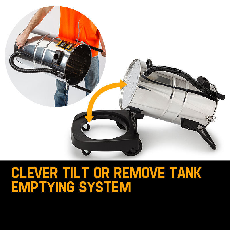 Tank emptying system with a person holding it, labeled 'Clever Tilt or Remove Tank Emptying System'.