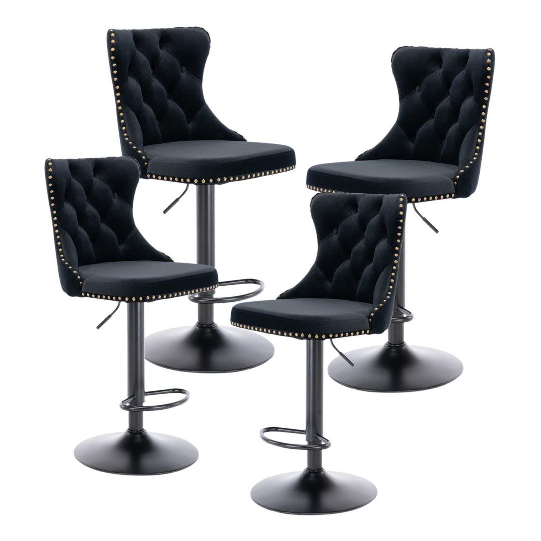 4x Height Adjustable Swivel Bar Stool Velvet Nailhead Barstool with Footrest Black
