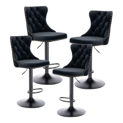 4x Height Adjustable Swivel Bar Stool Velvet Nailhead Barstool with Footrest Black