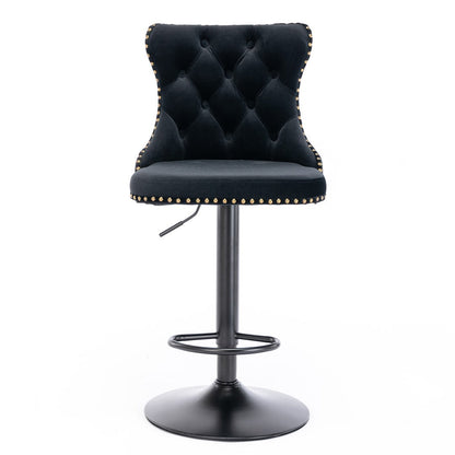 4x Height Adjustable Swivel Bar Stool Velvet Nailhead Barstool with Footrest Black