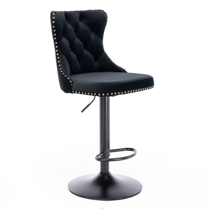 4x Height Adjustable Swivel Bar Stool Velvet Nailhead Barstool with Footrest Black