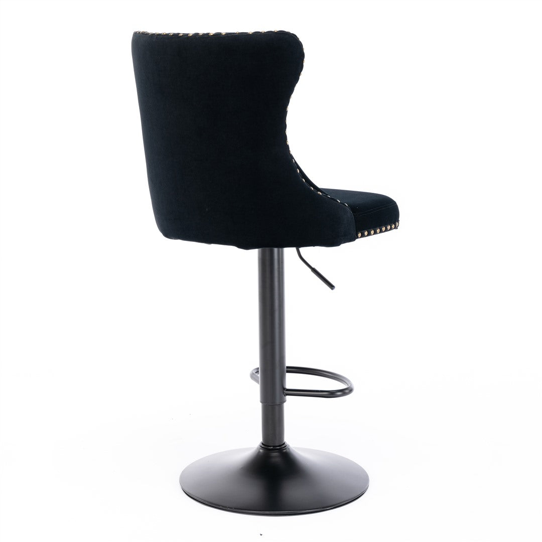 4x Height Adjustable Swivel Bar Stool Velvet Nailhead Barstool with Footrest Black