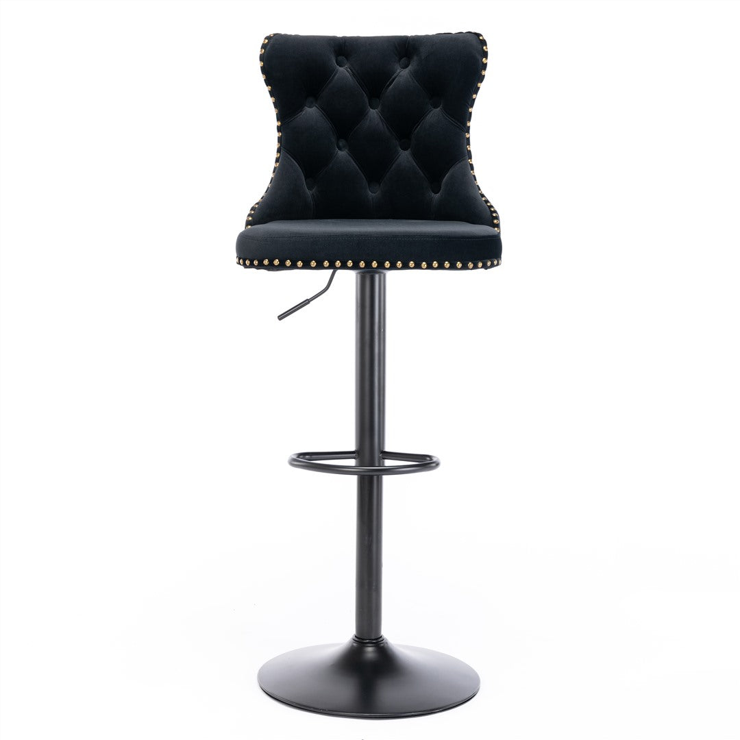 4x Height Adjustable Swivel Bar Stool Velvet Nailhead Barstool with Footrest Black