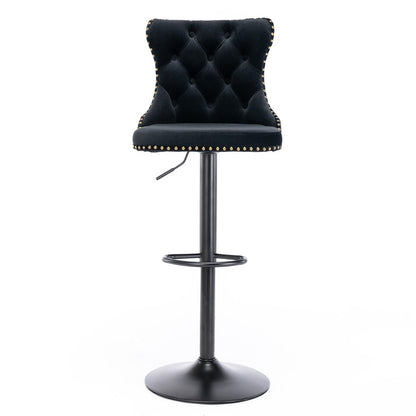 4x Height Adjustable Swivel Bar Stool Velvet Nailhead Barstool with Footrest Black