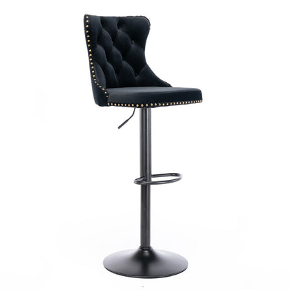 4x Height Adjustable Swivel Bar Stool Velvet Nailhead Barstool with Footrest Black
