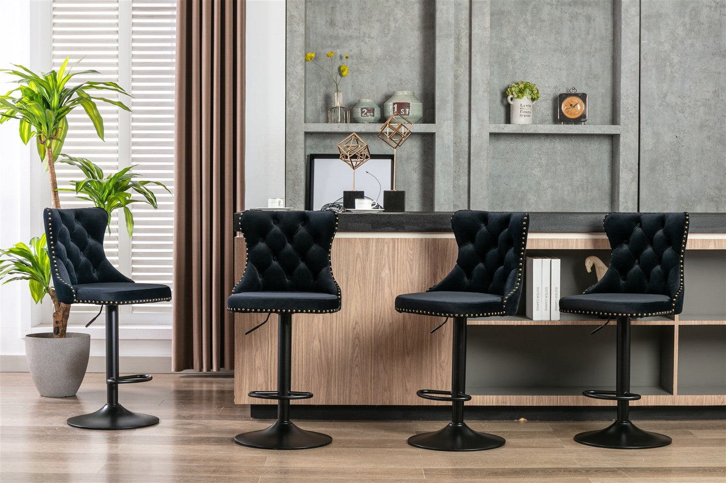 4x Height Adjustable Swivel Bar Stool Velvet Nailhead Barstool with Footrest Black