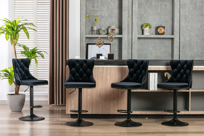4x Height Adjustable Swivel Bar Stool Velvet Nailhead Barstool with Footrest Black