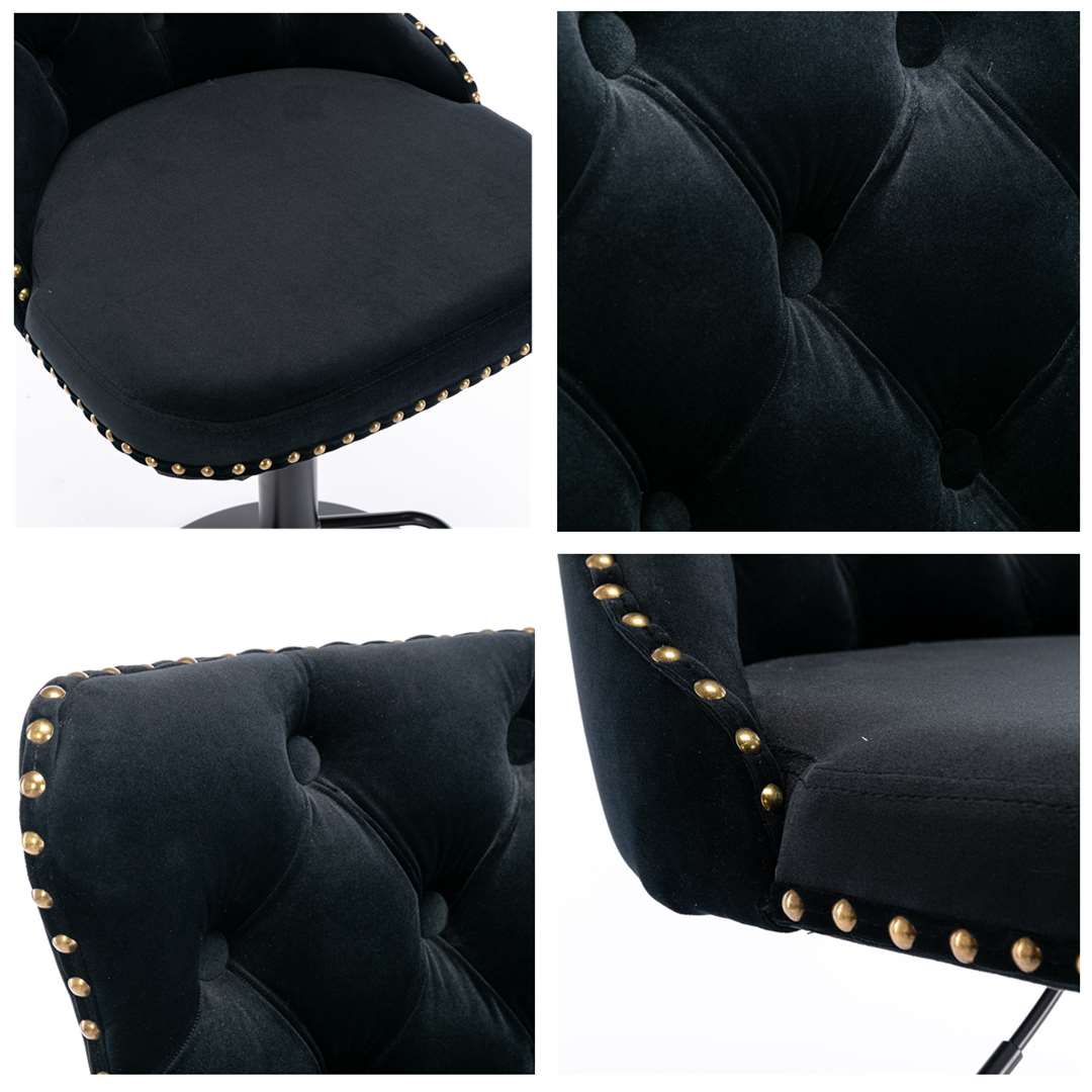 4x Height Adjustable Swivel Bar Stool Velvet Nailhead Barstool with Footrest Black