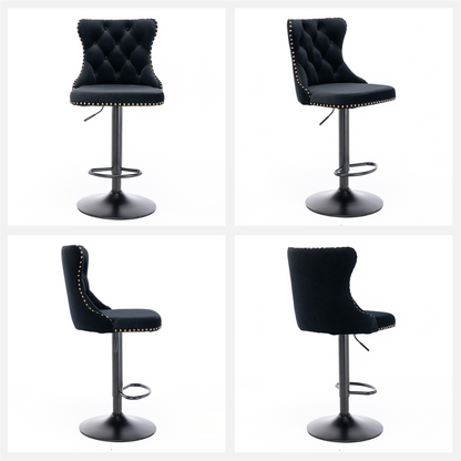 4x Height Adjustable Swivel Bar Stool Velvet Nailhead Barstool with Footrest Black
