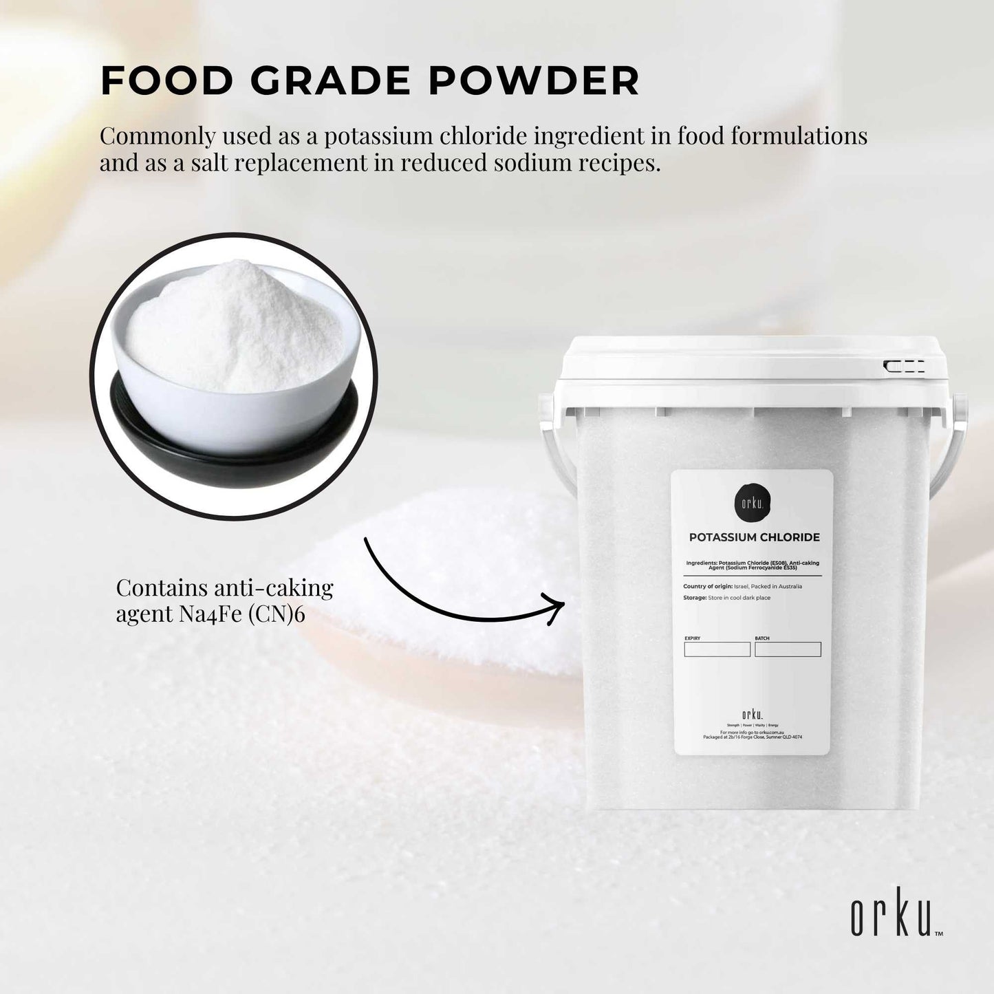 Orku 1.3Kg Potassium Chloride Powder (KCl) Tub - Food Grade E508 Salt Substitute