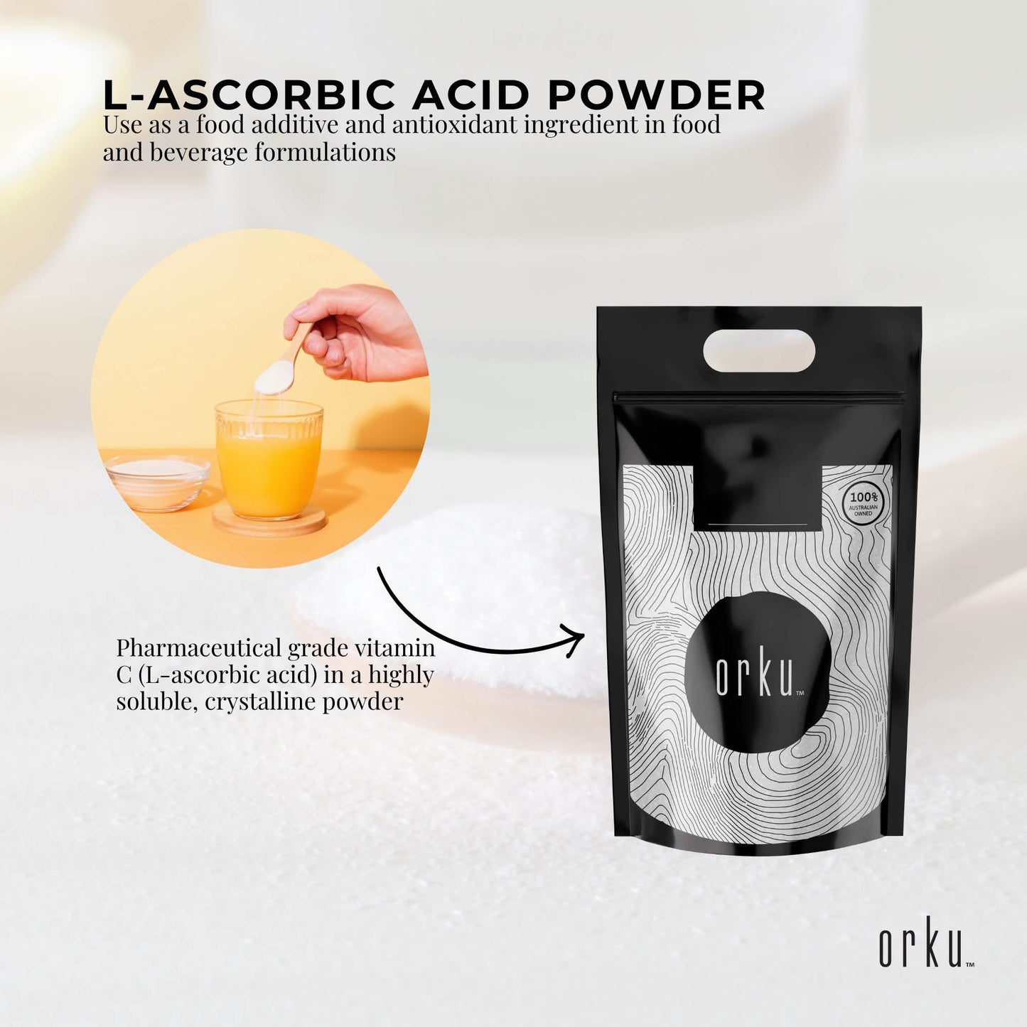 Orku Bulk 10Kg Vitamin C Powder Pure L-Ascorbic Acid - USP Grade Non-GMO