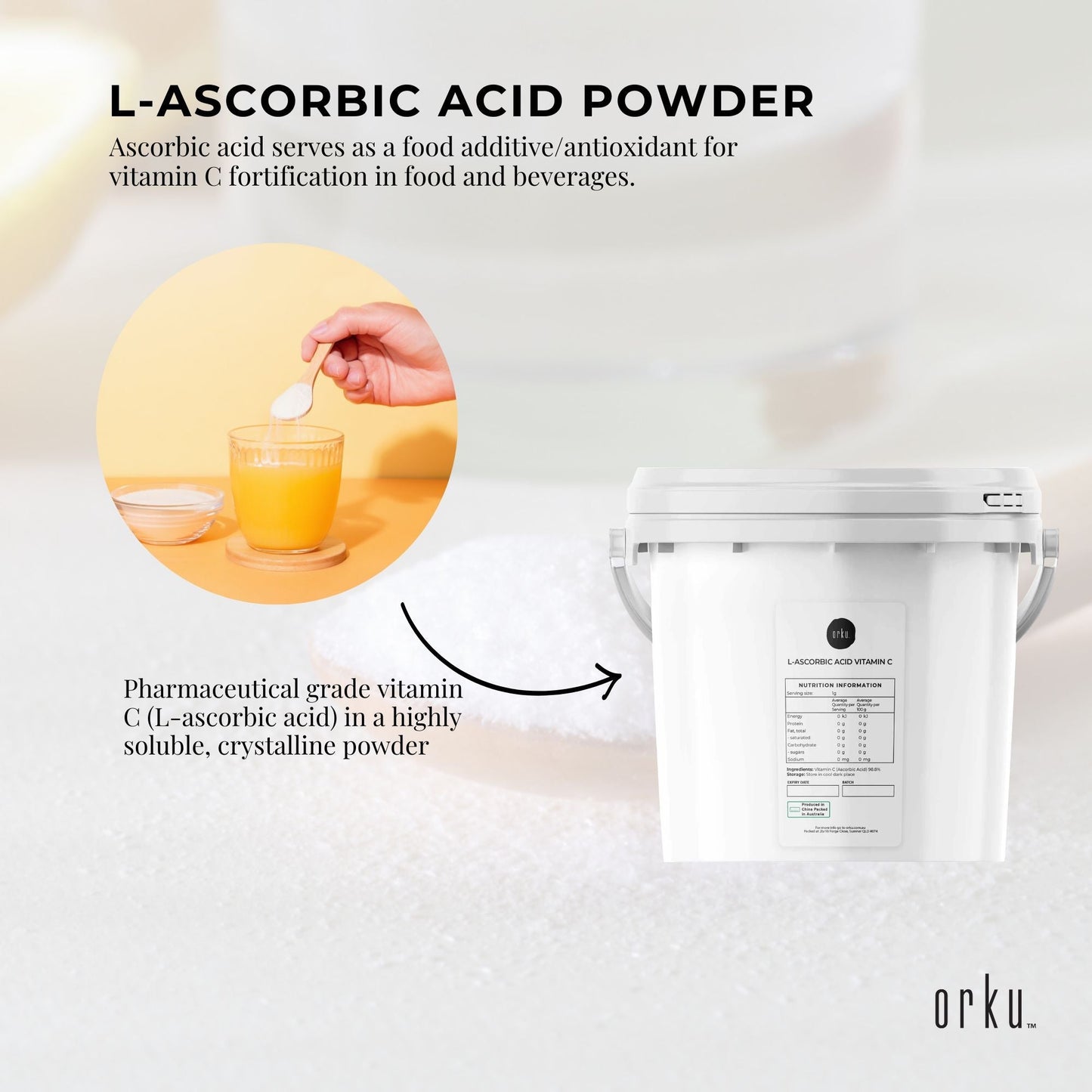 Orku 5Kg Vitamin C Powder in Tub Pure L-Ascorbic Acid - USP Grade Non-GMO