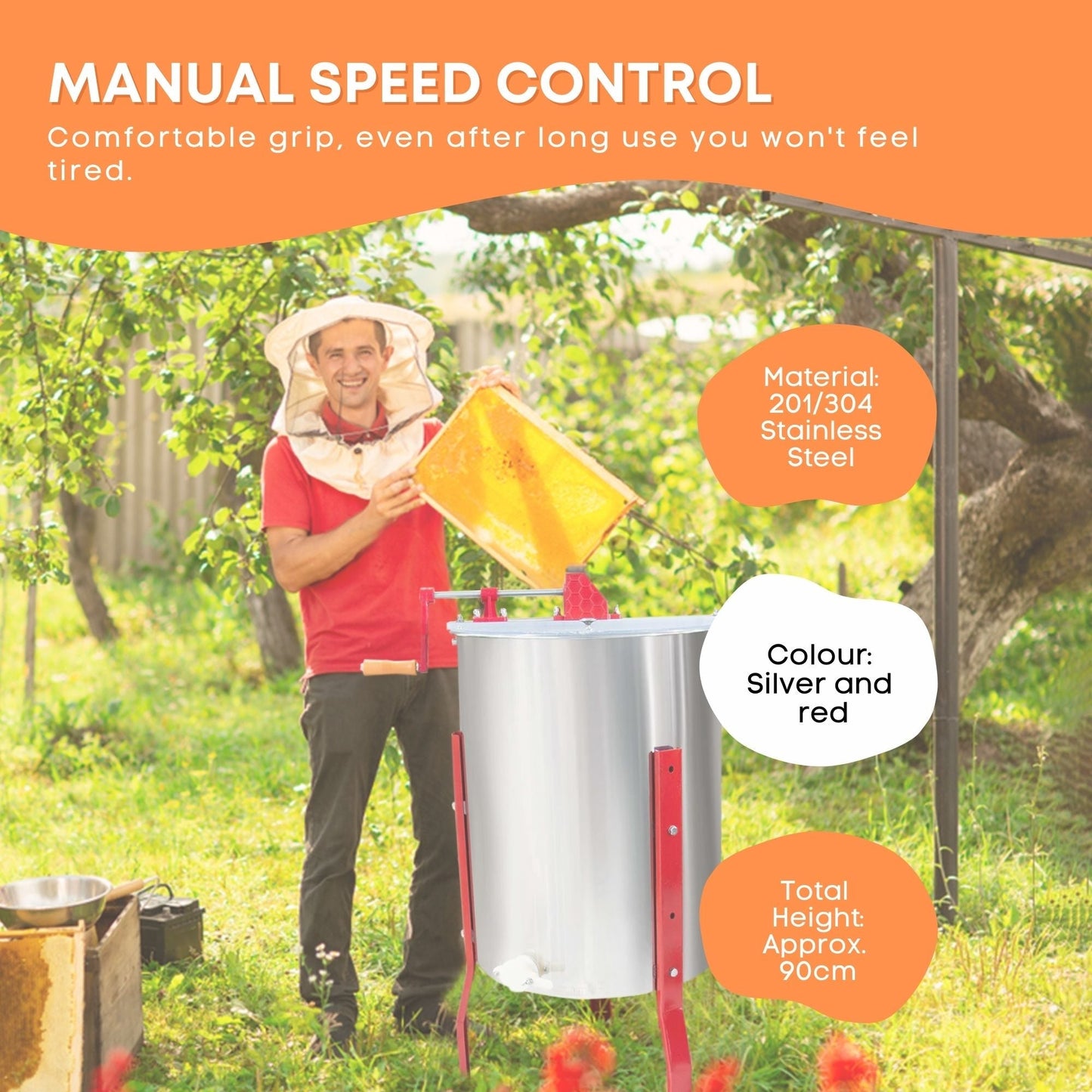 Person holding a beehive tool with text about manual speed control and material details.