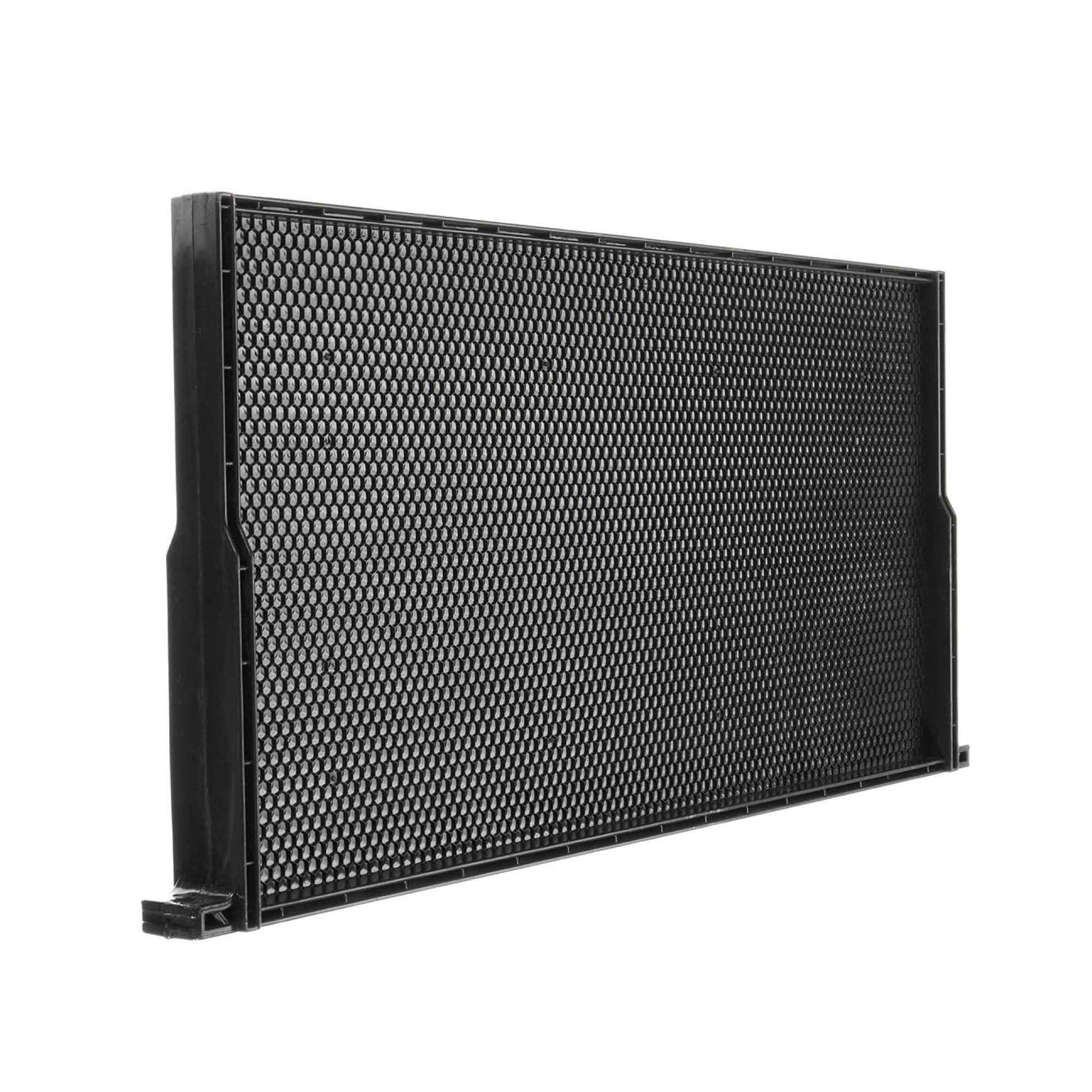 Black perforated metal panel on a white background