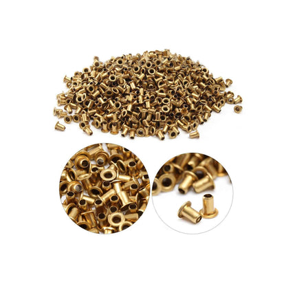 Gold metal rivets on a white background with close-up insets.