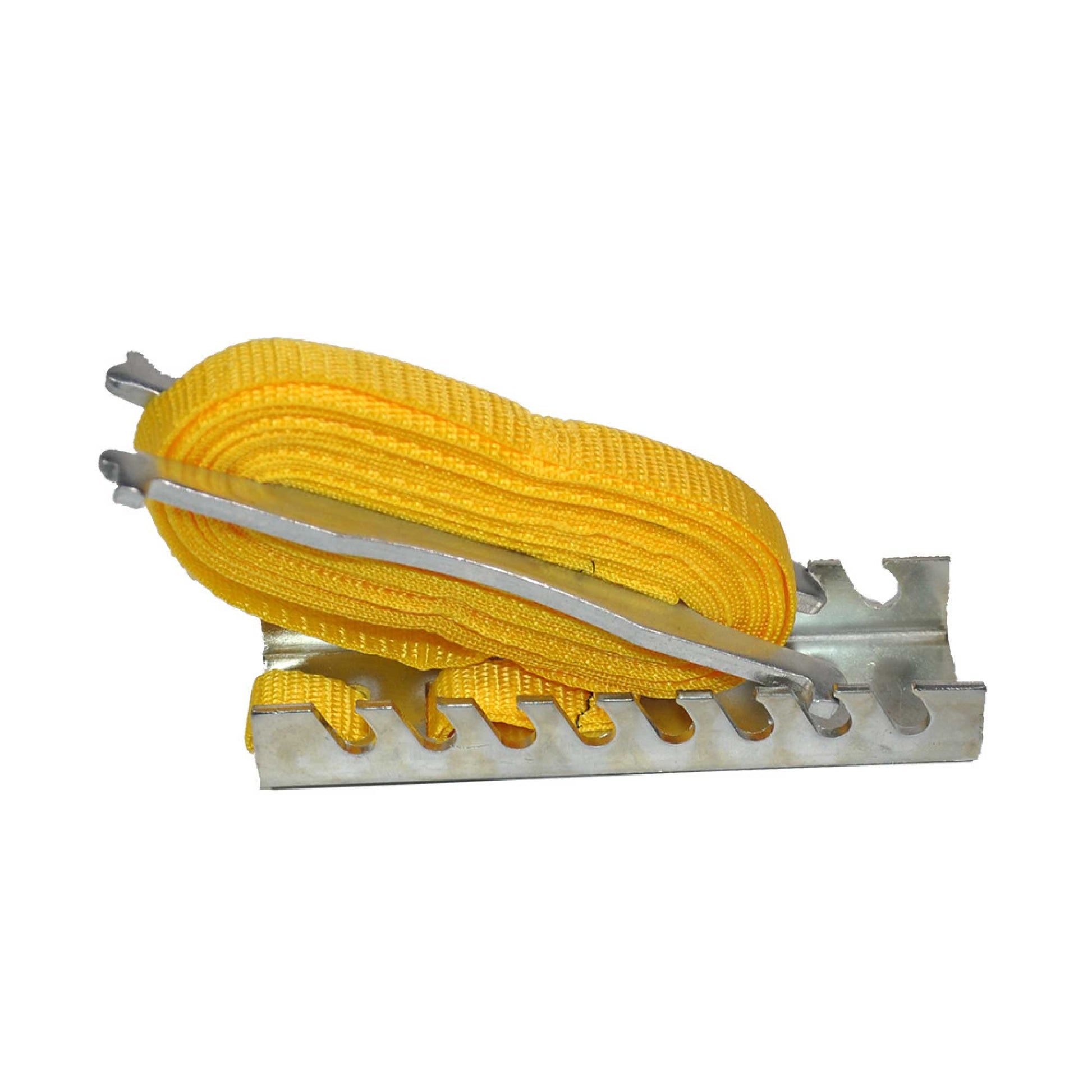 Yellow rope with metal clips on a white background