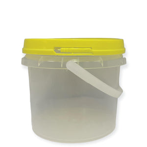 Clear plastic bucket with a yellow lid on a white background