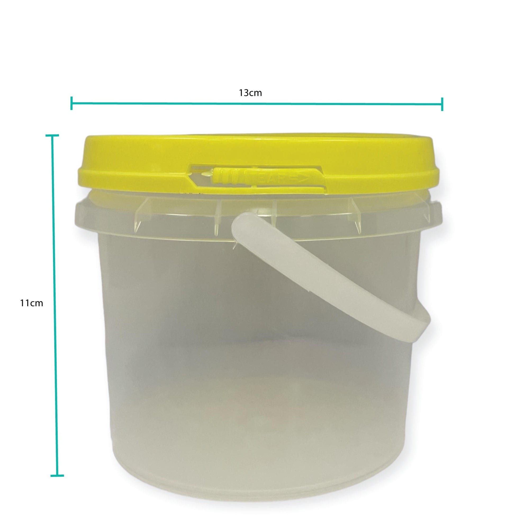 Clear plastic bucket with a yellow lid and measurements on a white background