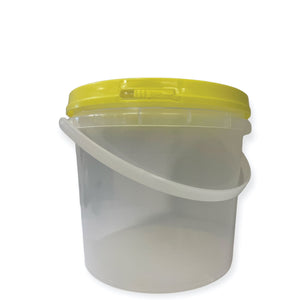 Clear plastic bucket with a yellow lid on a white background