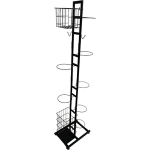 A black vertical sports equipment storage rack with multiple ball holders and two baskets designed for organizing sports gear.