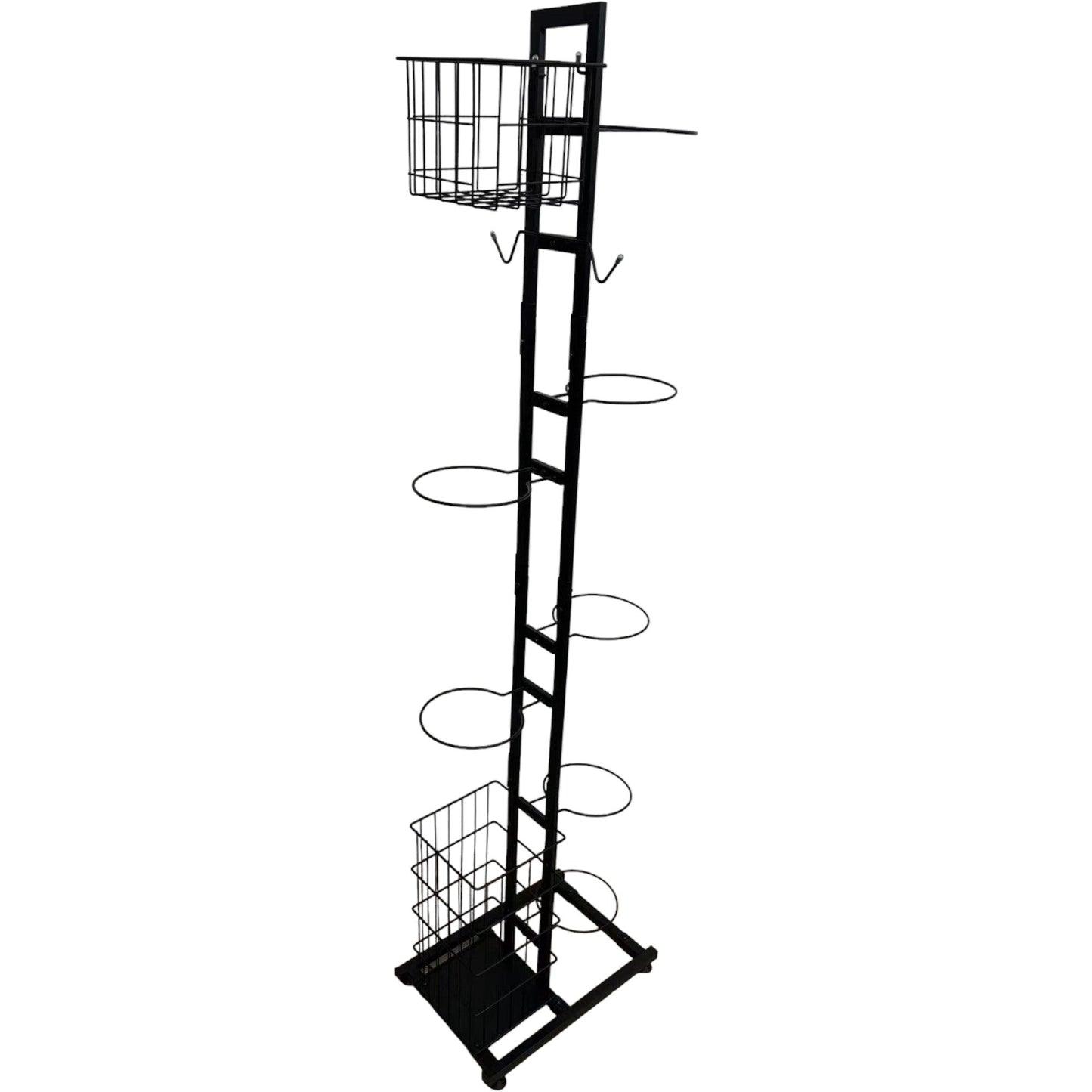 A black vertical sports equipment storage rack with multiple ball holders and two baskets designed for organizing sports gear.