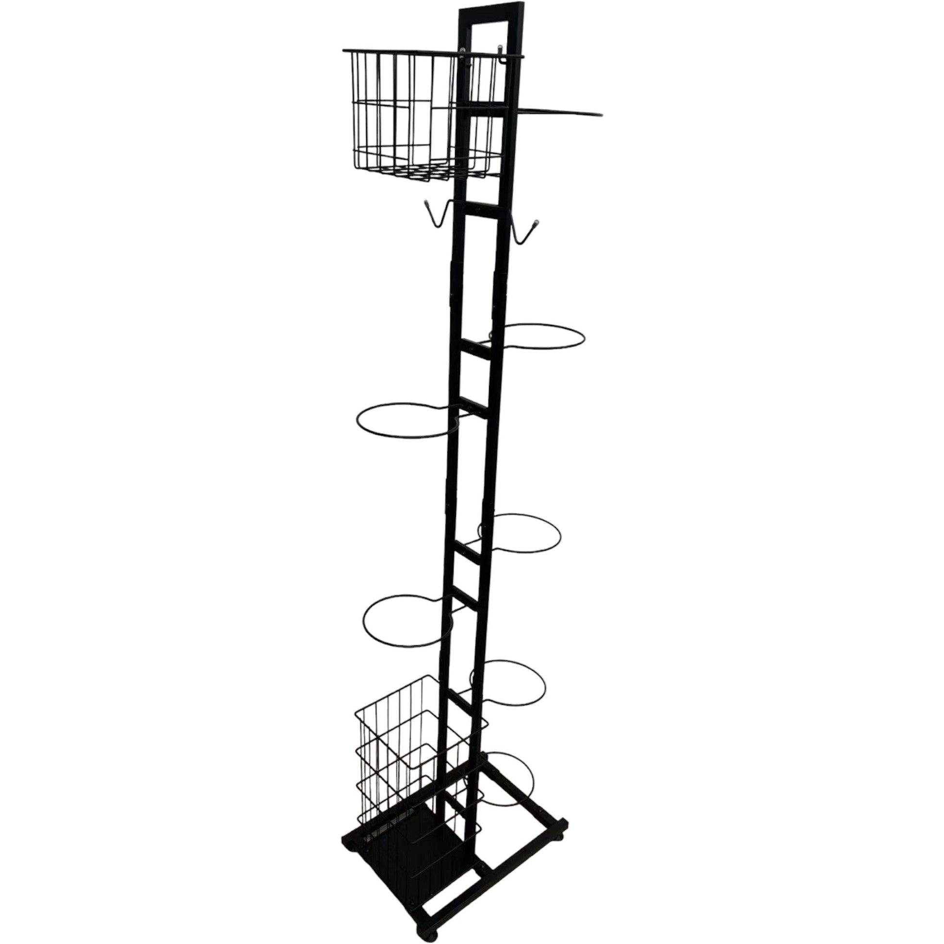A black vertical sports equipment storage rack with multiple ball holders and two baskets designed for organizing sports gear.