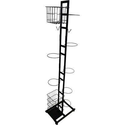 A black vertical sports equipment storage rack with multiple ball holders and two baskets designed for organizing sports gear.