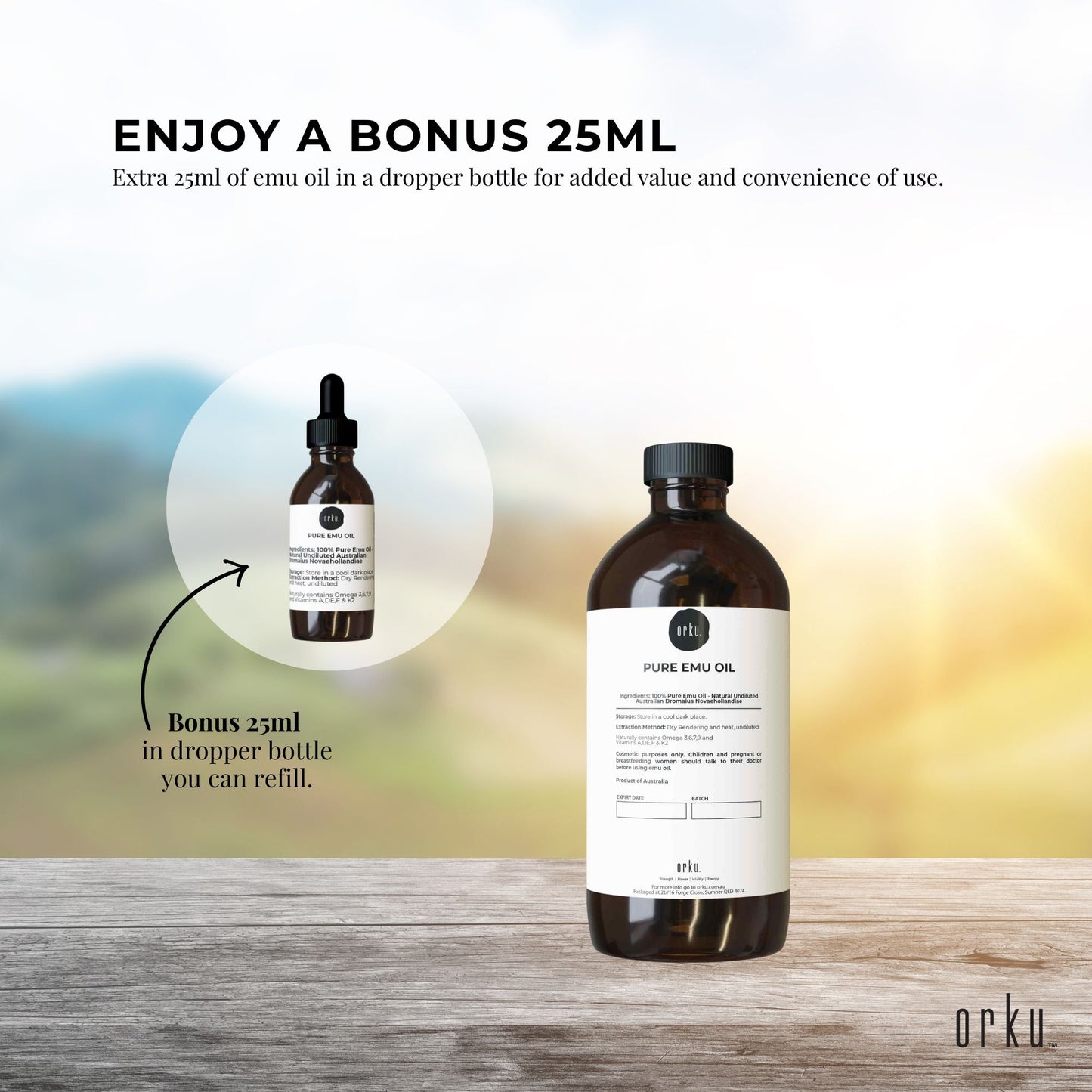 Orku 500ml Pure Emu Oil + Bonus 25ml Bottle - Australian Dromaius Novaehollandiae