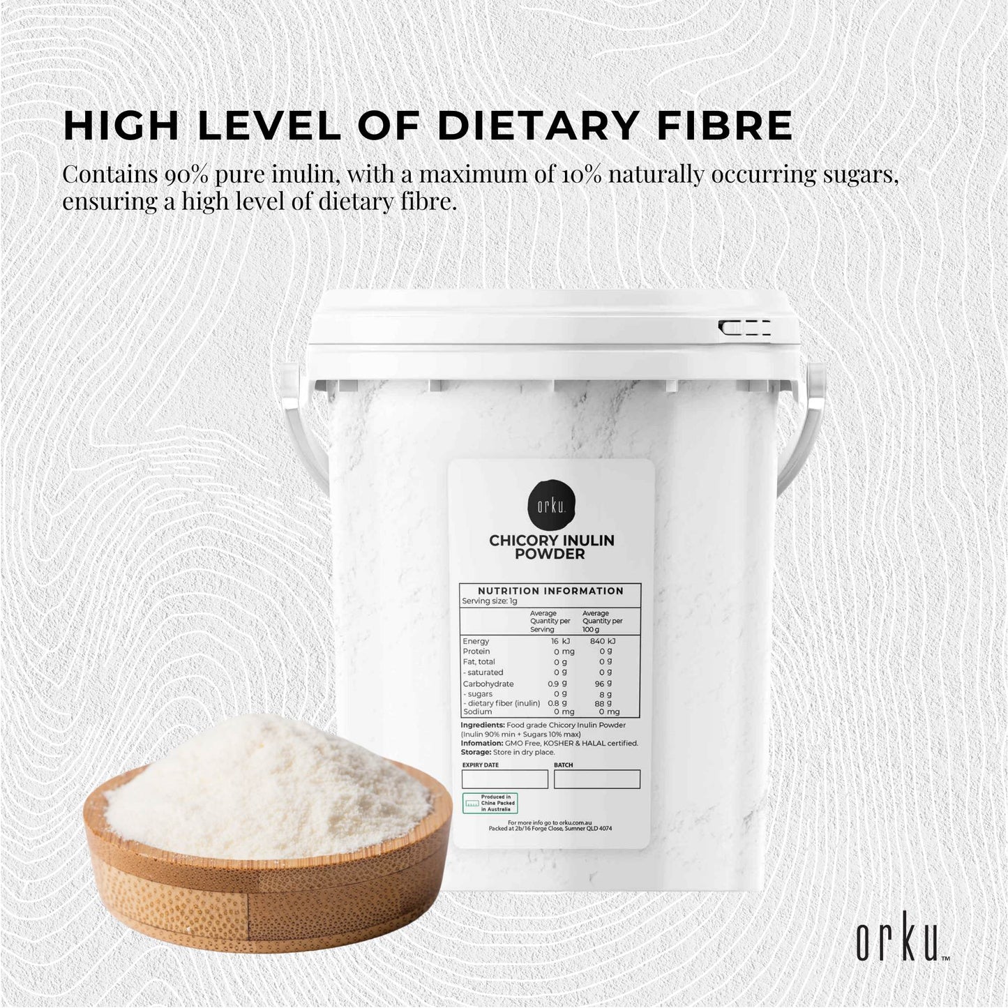Orku 800g Chicory Root Inulin Powder Bucket - Prebiotic Unflavoured Supplement