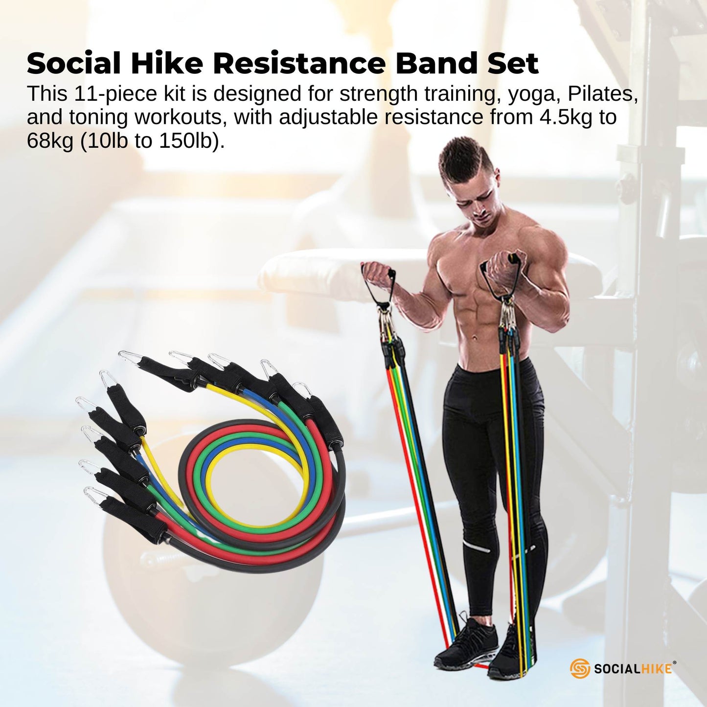 Social Hike Resistance Band Set with Handles - 11pcs Home Workout Kit 4.5-68kg