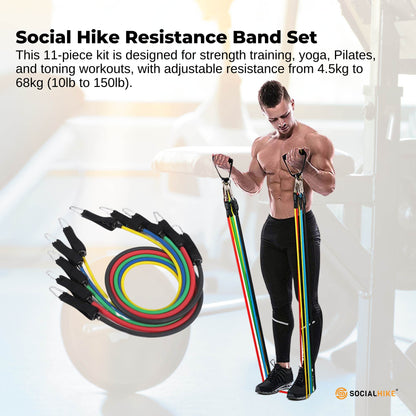 Social Hike Resistance Band Set with Handles - 11pcs Home Workout Kit 4.5-68kg
