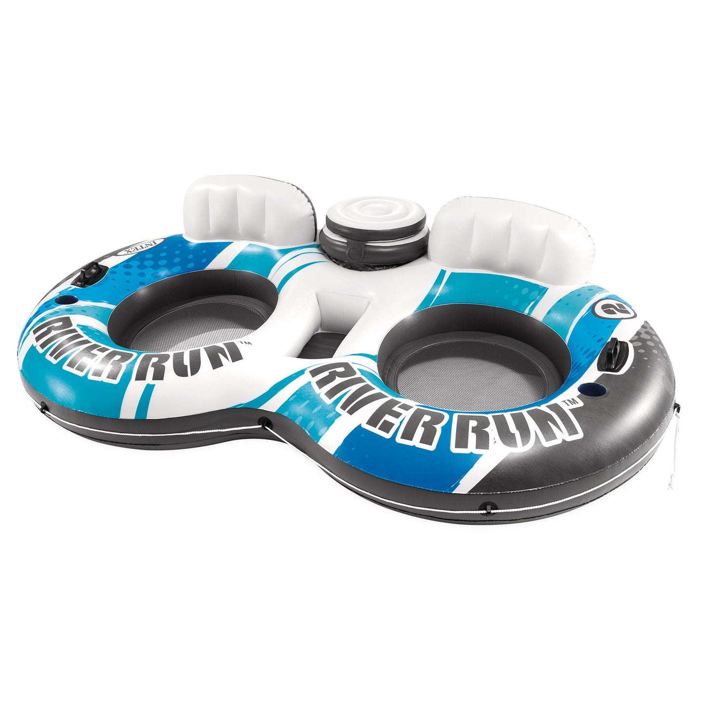 Inflatable raft with two cup holders and 'River Run' branding on a white background