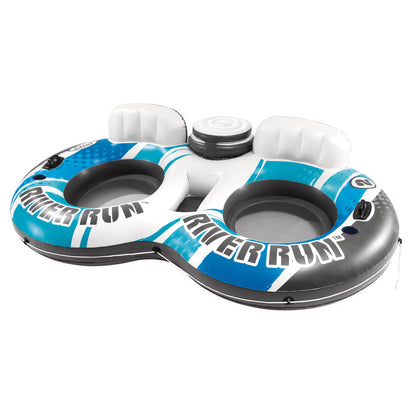 Inflatable raft with two cup holders and 'River Run' branding on a white background