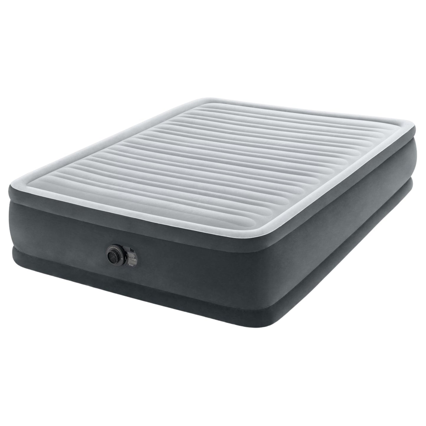 Inflatable air mattress with a gray top and black base on a white background