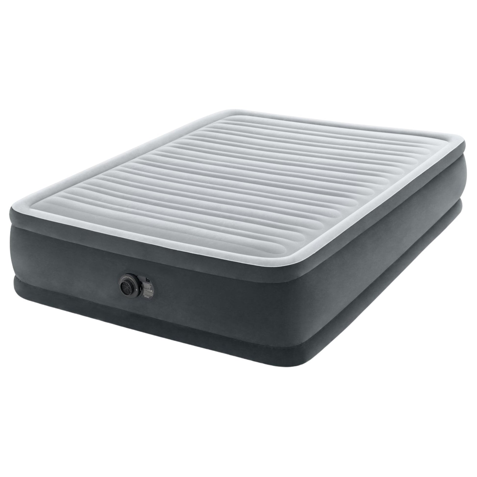 Inflatable air mattress with a gray top and black base on a white background