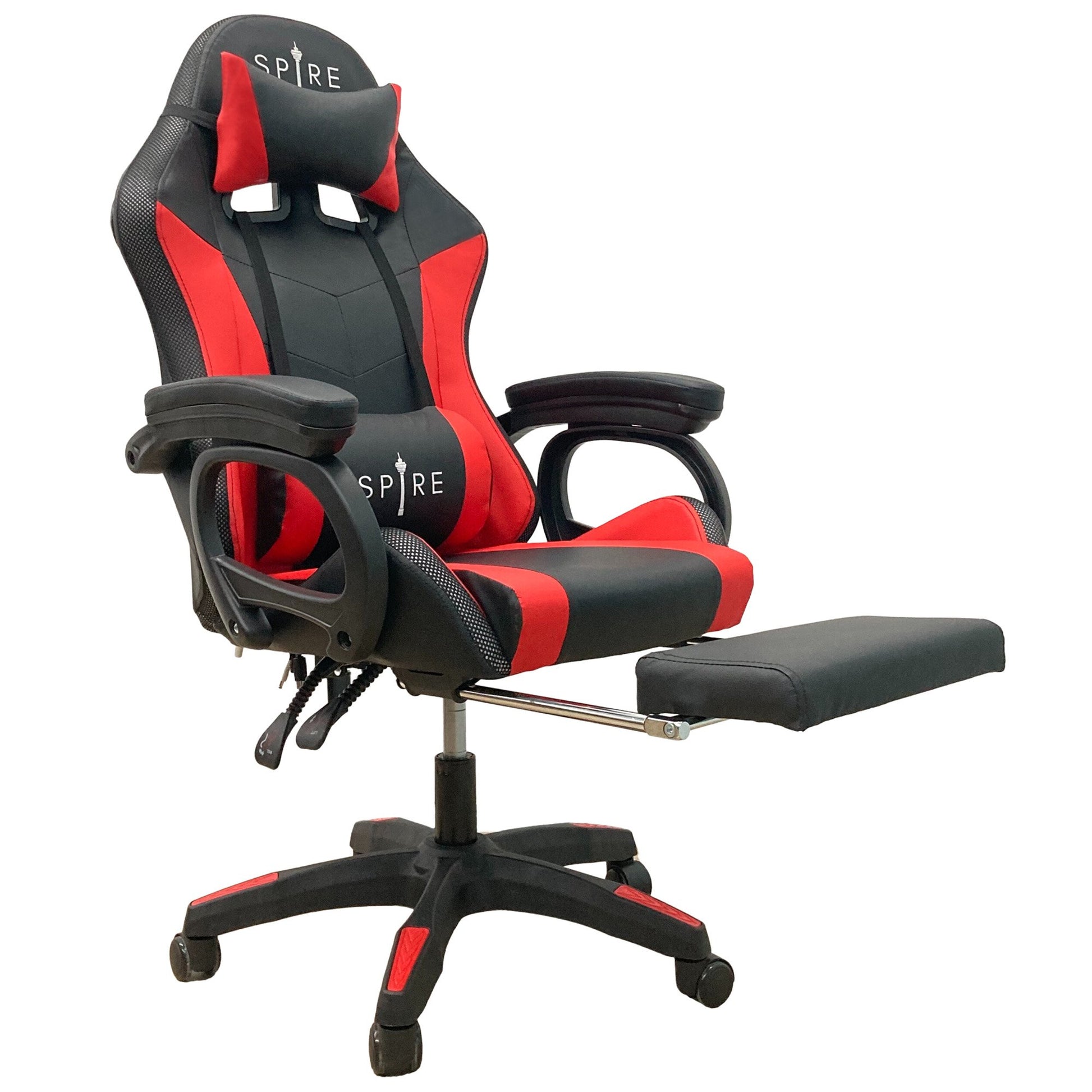A red and black Intex Spire Onyx LED Massage Gaming Chair with adjustable armrests, lumbar support, and a footrest, set on a five-star base with casters.