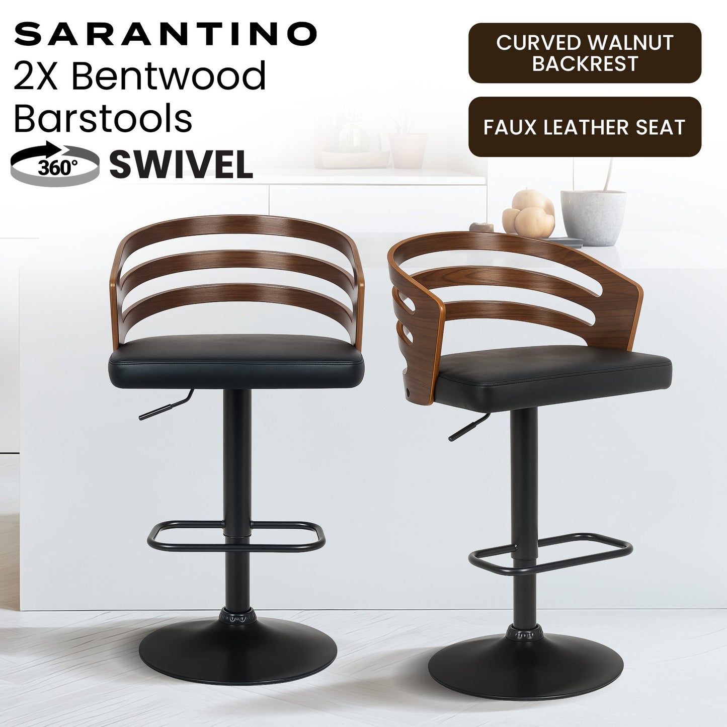 Sarantino Set Of 2 Bentwood Walnut Barstool Adjustable Height Swivel Footrest